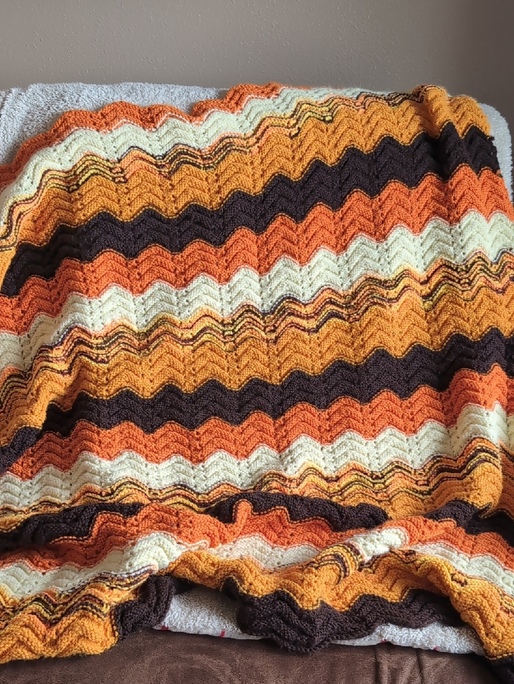 Vintage Handmade Chevron Crochet Throw - Orange, Cream, Brown 42" X 51" Aprox